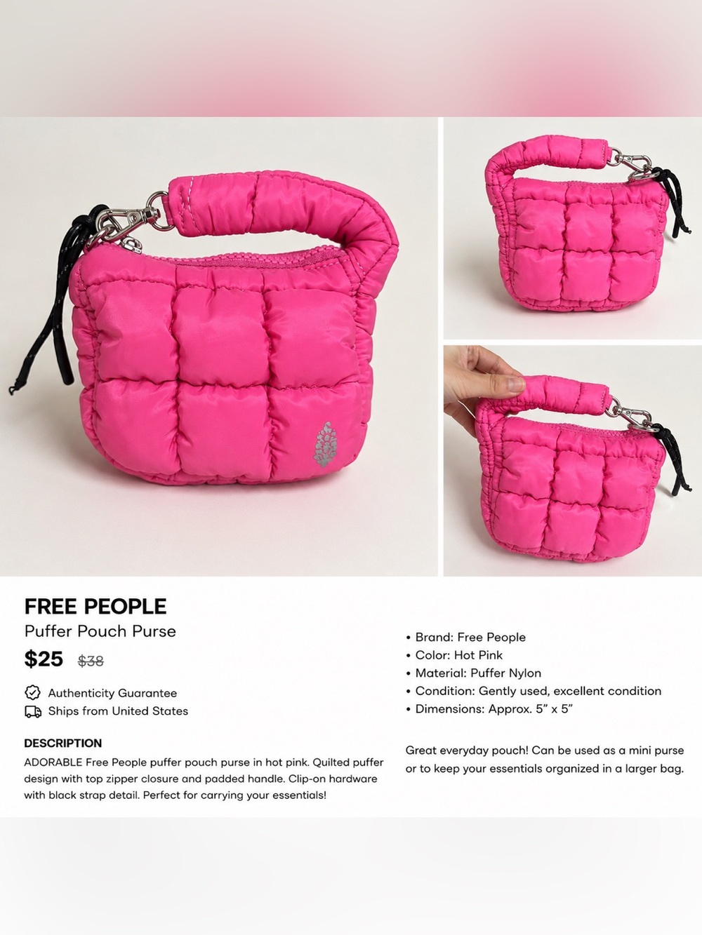 NWOT Free People Hot Pink Quilted Puffer Mini Bag